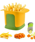 French fry cutter with yellow body and green base; front view, stainless steel blade