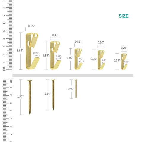 Heavy Duty Picture Hanging Kit With 10 To 100 LB Supports, 140 Golden Picture Hooks And Nails, size measurement shown