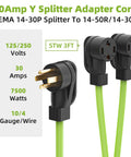 Heavy Duty 30 Amp Nema Y Splitter Adapter With Three Foot Cable shows connections for dual EV and RV charging stations.