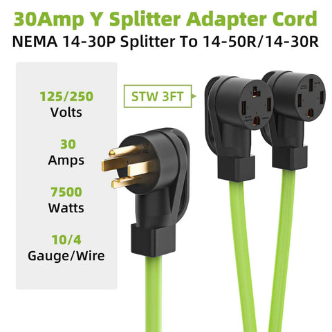 Heavy Duty 30 Amp Nema Y Splitter Adapter With Three Foot Cable shows connections for dual EV and RV charging stations.