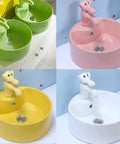 USZWBY Bathroom Vessel Sink Cute Round Ceramic Bathroom Sink with Animal-Shaped Faucet Sink Set Bathroom Sink in green, pink, yellow, and white.