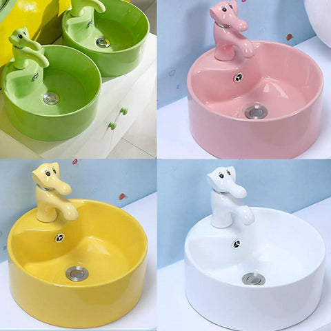 USZWBY Bathroom Vessel Sink Cute Round Ceramic Bathroom Sink with Animal-Shaped Faucet Sink Set Bathroom Sink in green, pink, yellow, and white.