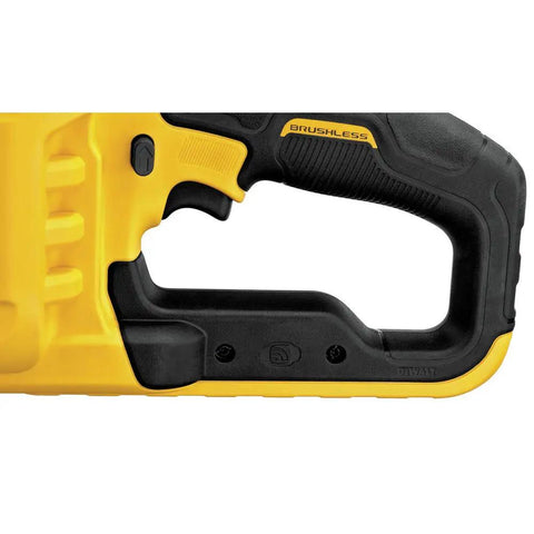 DeWalt Flexvolt 60V Max Brushless Pipe Threader Kit With Die Heads handle grip showcasing brushless design and ergonomic features.