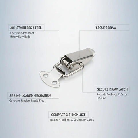 Heavy Duty Stainless Steel Draw Latch For Toolboxes, Crates And Cases With Spring Toggle Hook, corrosion-resistant build.