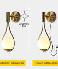 Plug In Wall Sconces Set Of 2 Modern Mid Century Gold Brushed Brass Glass Globe Wall Lamps shown with hardwire and plug-in options