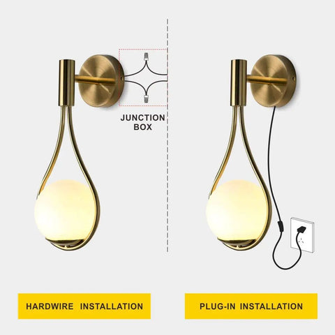 Plug In Wall Sconces Set Of 2 Modern Mid Century Gold Brushed Brass Glass Globe Wall Lamps shown with hardwire and plug-in options