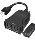Outdoor Wireless Remote Control Outlet With Two Plugs, Battery Powered Remote, No Wiring Required, showing dual outlets and remote