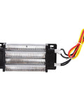 Side view of a 12V PTC ceramic air heater element module with three metal coil bars and red, yellow, black wires