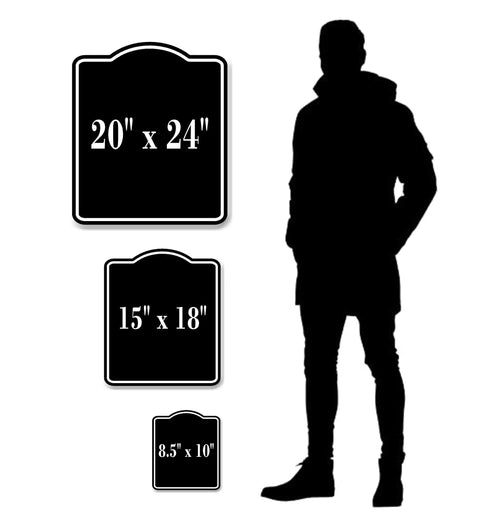 Size comparison of silhouette with three sign sizes: 20 x 24 inch, 15 x 18 inch, and Black Aluminum Composite Sign For Easy Package Drop Off At The Side Door 8.5 By 10 Inches Durable Indoor Outdoor Weatherproof Graphic Sign Ideal For Apartments And Offices.