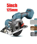 Badass Cordless Brushless Circular Saw 5 Inch 125mm Handheld Power Tool with blade cutting through wood and metal materials.