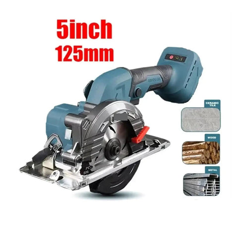 Badass Cordless Brushless Circular Saw 5 Inch 125mm Handheld Power Tool with blade cutting through wood and metal materials.