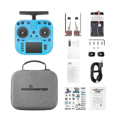 TX15 Pro 2.4GHz 16 Channel EdgeTX Radio Transmitter With V5.0 Hall Gimbals, accessories, and case layout