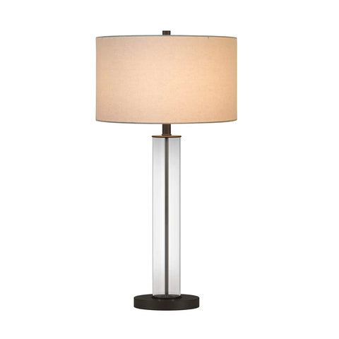 29 Inch Tall Table Lamp With Clear Glass Base Blackened Bronze Finish And White Fabric Shade Soft Diffused Light