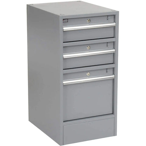 Heavy Duty Industrial Pedestal Workbench With Seven Locking Drawers, Thick Maple Butcher Block Top, Built Like A Tank Steel Base, Dead Smooth Gliding Rollers, Perfect Pick For Garage Bosses Or Pro Workshop Crews In Sharp Gray - Gray drawer storage.