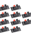 10 piece pack of 2 Way Spring Speaker Terminal Clip Push Release Connector for Speaker Wire with red and black polarity.
