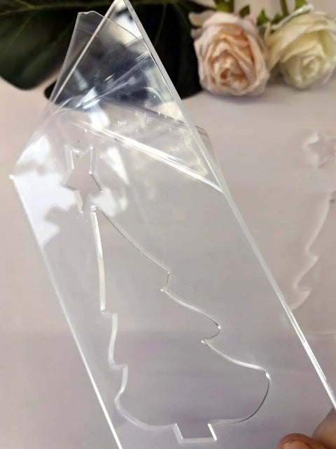 Premium Christmas Lantern Router Templates For Woodworking Shops, 1/4 Thick Clear Acrylic Stencils 5.5 By 8 Inches showing a tree shape.