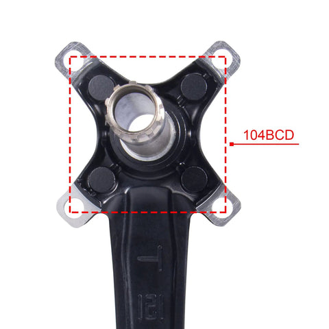 Close-up of Hollow Integrated 170mm MTB Crankset With 104BCD, Single Speed Round Chainrings 34T/36T, removable chainring visible.