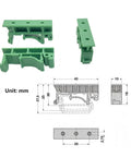 Fifteen Sets PCB DIN Rail Mounting Brackets With Screwdriver for 35mm C45 and 15mm Rails, shown in green with dimensions
