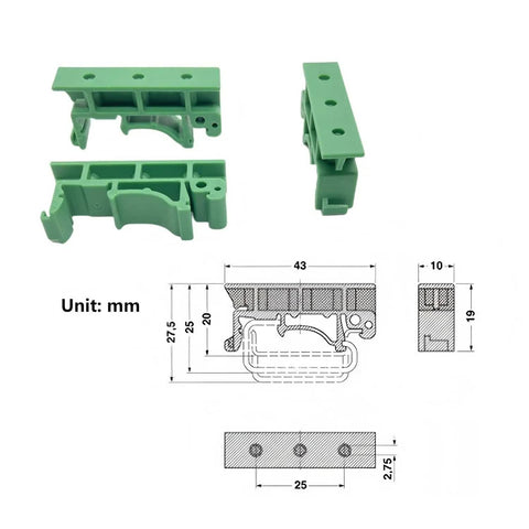 Fifteen Sets PCB DIN Rail Mounting Brackets With Screwdriver for 35mm C45 and 15mm Rails, shown in green with dimensions