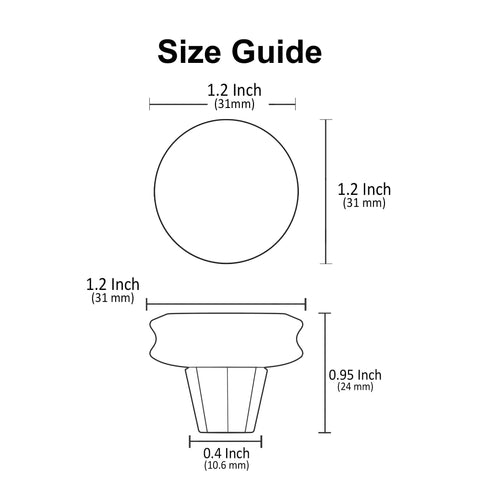 Size guide for 6 Pack Polished Chrome Cabinet Knobs 1-1/4 Inch Round Kitchen Hardware, showing dimensions and profile view.