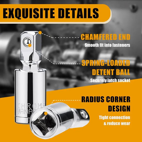 Three Piece Universal Joint Socket Set One Quarter Inch Drive Three Eighths Inch Drive And One Half Inch Drive Swivel Sockets In Premium Chrome Vanadium Steel For Tight Spots And Hard To Reach Corners with chamfered ends, spring-loaded detent ball, and radius corner design.