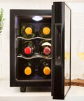 Six Bottle Wine Fridge With UV Protective Glass Door And Soft Interior Lighting Freestanding Beverage Cooler open on countertop