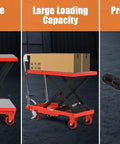 Heavy Duty Hydraulic Lift Table Cart 500 Lb Capacity Single Scissor Pump showing adjustable height, large loading capacity with foot pump.