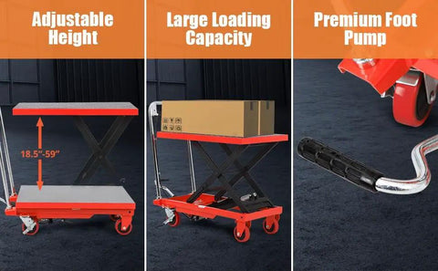 Heavy Duty Hydraulic Lift Table Cart 500 Lb Capacity Single Scissor Pump showing adjustable height, large loading capacity with foot pump.