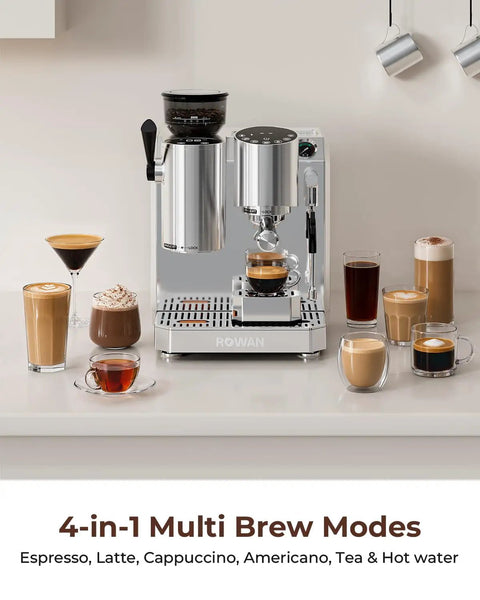 Smooth Operator Automatic Espresso Machine With Integrated Grind Distribute And Tamp Design Built In Calibrated Tamper Delivers A Perfect Puck Every Shot Skip The Hassle Brew Like A Pro Barista At Home with various brewed drinks.