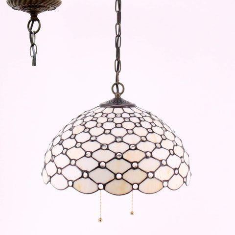 Tiffany Pendant Light Fixture Cream Amber Bead Stained Glass 16 Inch Wide Hanging Lamp With Antique Bronze Finish in view