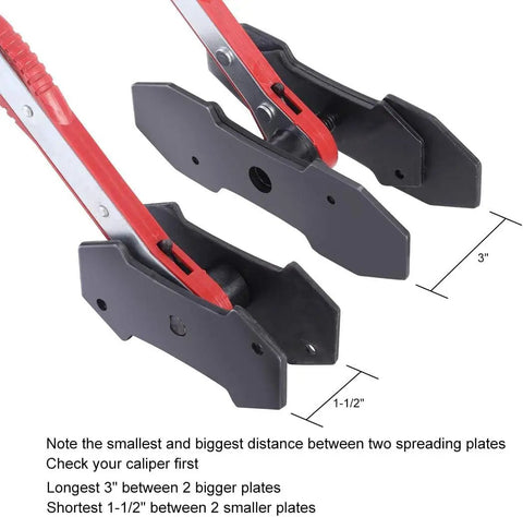 Brake Caliper Press Tool With Ratcheting Piston Spreader For Car Disc Brakes Includes Two Steel Plates And Four Caliper Hangers Pro Grade DIY Kit For Easy Pad Installation And Caliper Service showing tool dimensions.