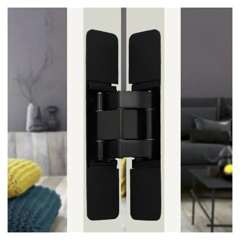 Close-up of Two Pack 80Kg Three Way Adjustable Concealed Door Hinge For Wood Doors, Square Matte Finish, installed on interior door.