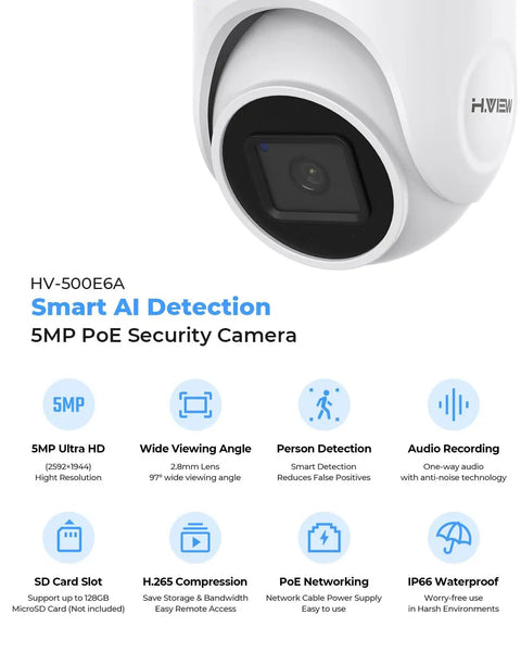 5MP Outdoor PoE Cam Dome Turret With 2.8mm Wide Lens, 97 Degree View, 100ft Night Vision, AI Features, weatherproof