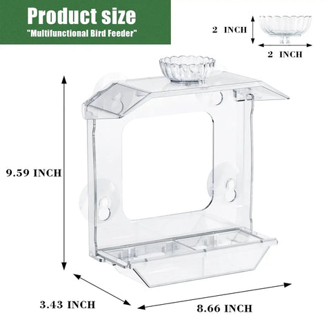 Clear Window Bird Feeder With Ultra Strong Suction Cups Dual Seed Tray And Water Bowl, dimensions shown, side view.