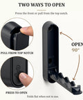 Sick Folding Wall Hooks Black Rounded Design Swivel Arms Tuck Flat Against Wall Space Saving Zinc Alloy Heavy Duty Coat Hangers For Jackets Bags Entryway Vibe, demonstrating two opening methods.