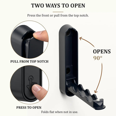 Sick Folding Wall Hooks Black Rounded Design Swivel Arms Tuck Flat Against Wall Space Saving Zinc Alloy Heavy Duty Coat Hangers For Jackets Bags Entryway Vibe, demonstrating two opening methods.