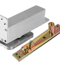 Heavy Duty Hidden Door Hinge Featuring Hydraulic Auto Cushion Closer For Solid Wood Doors with silver finish and pivot mechanism.