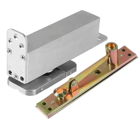 Heavy Duty Hidden Door Hinge Featuring Hydraulic Auto Cushion Closer For Solid Wood Doors with silver finish and pivot mechanism.