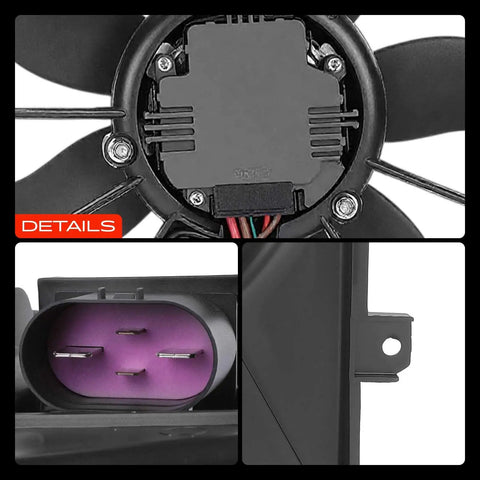 Close-up of Direct Fit Engine Radiator Cooling Fan Assembly For Audi A3 And TT Quattro showing wiring and mounting details.