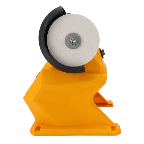 Kickass Cordless Bench Grinder With Dual Grinding Wheels And Blazing 5500 Rpm Spin showing compact design and white grinding wheel.