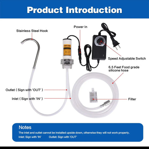 Food Grade Electric Water Transfer Pump With Speed Adjustable 100 To 240V kit showing components like hose, filter, and switch.