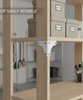 Heavy Duty White Steel Triangular Corner Braces For Wire Shelving With a close-up of white bracket on wooden shelf.