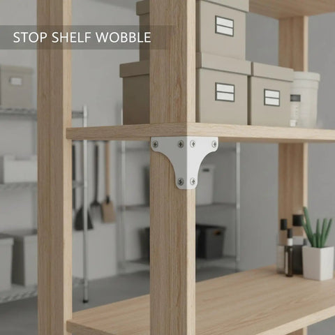 Heavy Duty White Steel Triangular Corner Braces For Wire Shelving With a close-up of white bracket on wooden shelf.