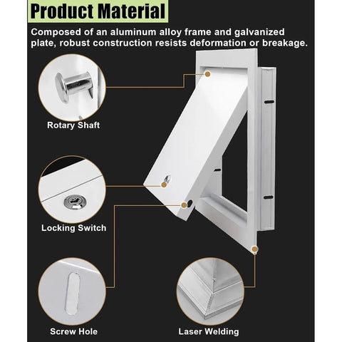 Paintable Lockable Access Panel For Drywall 7X12 Inch Beefy Metal Wall Hole Cover With Rust Proof Steel Frame Slick Paint Ready Finish No Fuss Install For Plumbing Electrical And Heating Lines showing locking switch and rotary shaft.