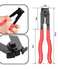 CV Boot Clamp Pliers Kit Car Universal Fit Adjustable Drive Shaft Axle Boot Pliers Tool With Ten Stainless Steel Crimp Bands Automotive Repair Tools Durable Heavy Duty Construction showing pliers dimensions and detail view