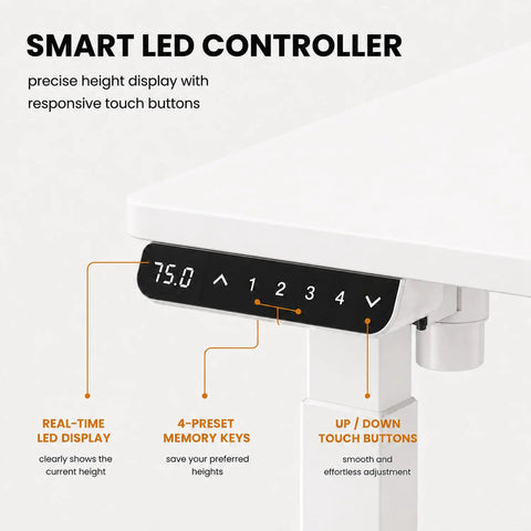 Zero Stress Oak Electric Standing Desk Featuring Four Memory Buttons Plus Child Lock Safety For Seamless One Button Height Adjustment In Your Everyday Home Office Setup, smart LED controller with precise height display.