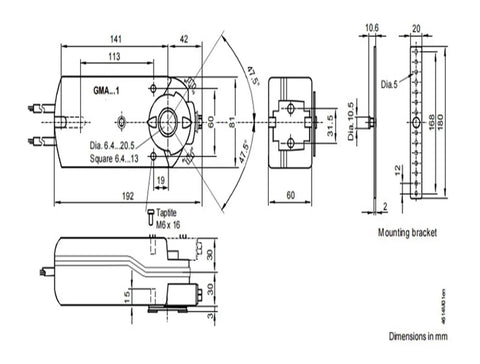 Technical drawing of Top Shelf Hvac Valve Actuator compatible with Gma166.1E, Gma121.1E, Gma131.1E dimensions in mm.