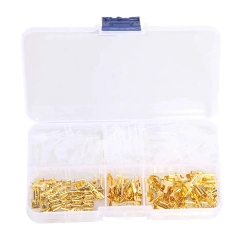Kickstart Your DIY Projects With This Awesome 150 Piece Assorted Female Crimp Spade Terminal Kit Featuring 2.8mm 4.8mm And 6.3mm Connectors Plus Full Insulation Sheath For Serious Wire Wrapping Mastery, clear case with gold female spade terminals