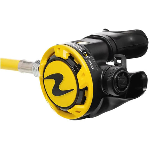 Close-up of Compact Scuba Octopus Regulator For Easy, No Fuss Diving, Ultra Lightweight with yellow hose and Venturi Switch.