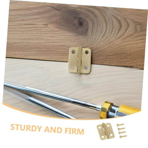40 Pcs Mini Iron Hinge Set With Screws For Jewelry Boxes And Tiny Chests 270 Degree Rotation displayed on wood with screwdriver
